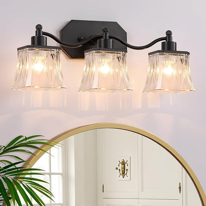 3-Light Matte Black Vanity Light, Vintage Crystal Glass Shades | Rust & Humidity Resistant Iron Frame,Mounted Over Mirror, Compatible with E26 Bulbs for Bathroom, Bedroom & Hallway