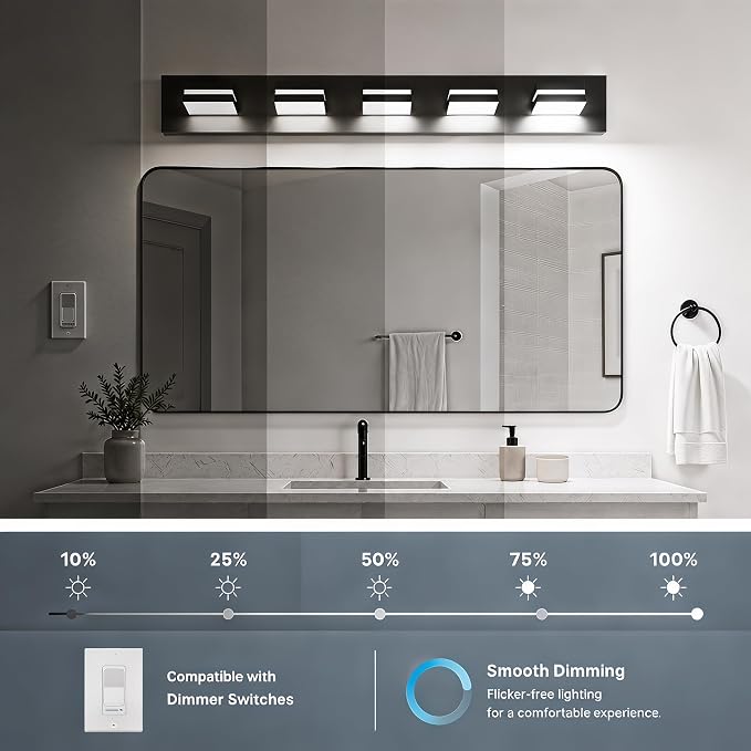 Black Modern LED Bathroom Vanity Light Fixtures over Mirror (36 in 5-Light) | Rotatable Heads, Dimmer Compatible, Wall Mount, Square Shape Design