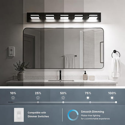 Black Modern LED Bathroom Vanity Light Fixtures over Mirror (36 in 5-Light) | Rotatable Heads, Dimmer Compatible, Wall Mount, Square Shape Design