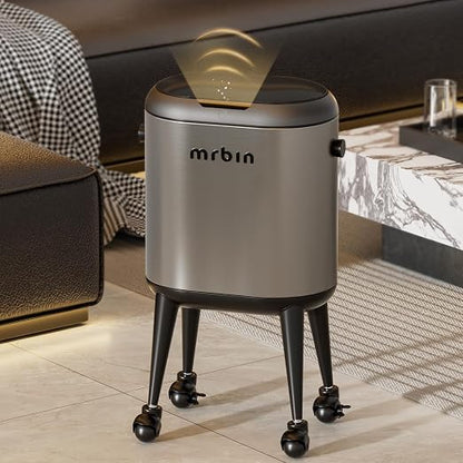MRBIN Stainless Steel Slim Bathroom Motion Sensor Trash Can with Lid and Wheels, 13L / 3.4gal Electric Touchless Toilet Waste Basket with Legs for Narrow Vanity, Rvs, Dorm, Kitchen, Eclipse Grey