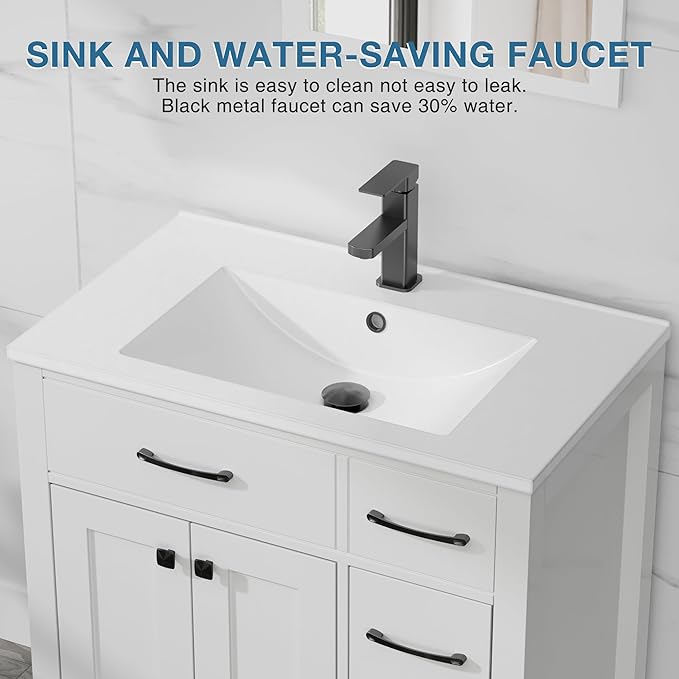 LUCKWIND 30" Modern Bathroom Vanity with Sink, Painted Storage Cabinet with Undermounted Sink, Two Doors and Three Drawers, Include Faucet Without Mirror, White
