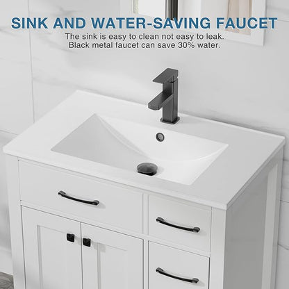 LUCKWIND 30" Modern Bathroom Vanity with Sink, Painted Storage Cabinet with Undermounted Sink, Two Doors and Three Drawers, Include Faucet Without Mirror, White