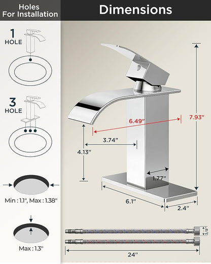 FORIOUS Bathroom Faucet 1 Hole, Waterfall Vanity Sink Faucet Chrome | Bathroom Sink Faucet 1 or 3 Hole, Square Single Handle with 24" cUPC Supply Line and Pop-up Drain, Fits RV Restroom Basin
