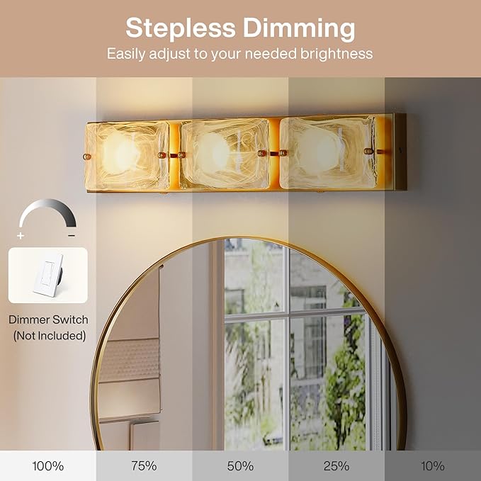 Tribesigns 3-Light Vanity Fixtures, Curved Cloud Glass Lampshades Gold Copper Plate, Modern Bathroom Wall Lighting Fixtures Over Mirror, 3CCT LED Vanity Lights (22-Inch, 3000K/4000K/5000K, Dimmable)