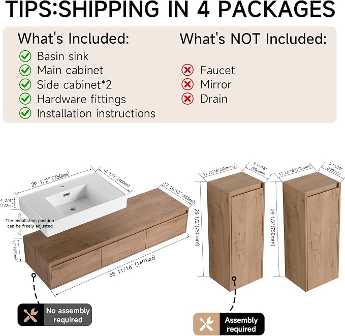 60 Inch Floating Bathroom Vanity with Single Sink, Modern Wall-Mounted Bathroom Cabinet with Resin Sink & Soft Close Drawers & Side Cabinet, Split-level Layout (Nature Oak, 60"+2 side cabinets)