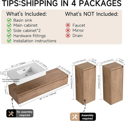 60 Inch Floating Bathroom Vanity with Single Sink, Modern Wall-Mounted Bathroom Cabinet with Resin Sink & Soft Close Drawers & Side Cabinet, Split-level Layout (Nature Oak, 60"+2 side cabinets)