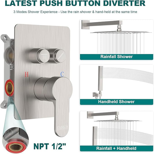 Rainfall Shower System, 12 inch Wall Mounted Rain Shower Head with Handheld Spray, Push Button Diverter 2 Functions Simultaneous Use, Shower Faucet Set Rough-In Valve Includ, Brushed Nickel