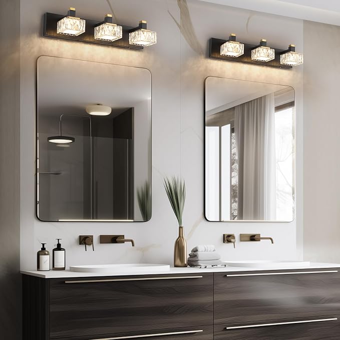 Bathroom Vanity Lights Over Mirror,3-Light Dimmable 5CCT Led Vanity Lights Black Gold Crystal Wall Sconce Lighting 22.05 inches Modern Vanity Light for Bathroom,Bedroom,Living room.(3000K-6000K）