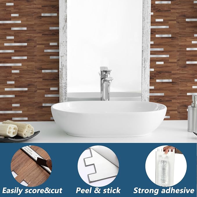 Yipscazo 10 Sheets PVC Wall Tiles Stick on Tiles for Backsplash Kitchen, Bathroom, Laundry Room, Camper, Fireplace (6'' X 12'', Brown Wood)