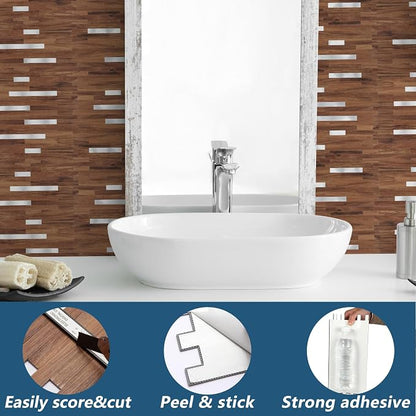 Yipscazo 10 Sheets PVC Wall Tiles Stick on Tiles for Backsplash Kitchen, Bathroom, Laundry Room, Camper, Fireplace (6'' X 12'', Brown Wood)