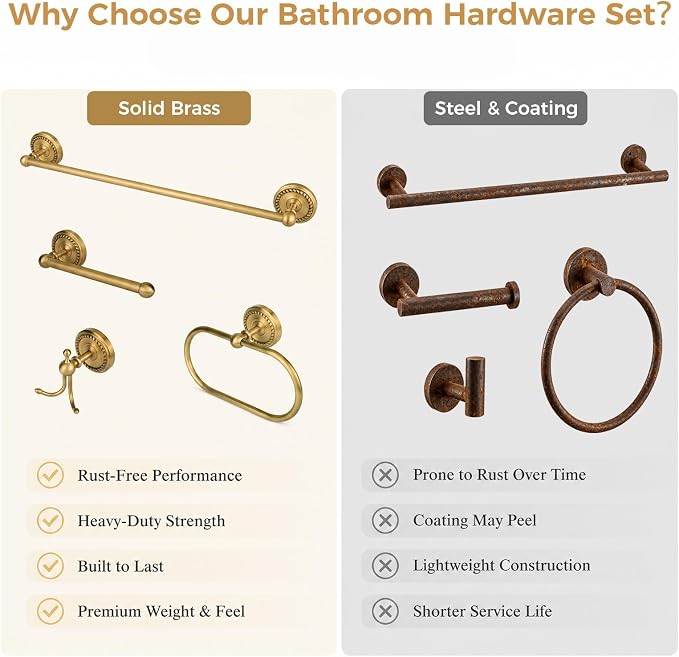 Antique Brass Bathroom Hardware Set, 4 Pieces Vintage Brass Bathroom Kit Accessories Sets Includes 24-inch Towel Bar, Towel Ring, Robe Hook & Toilet Paper Holder, Wall Mounted