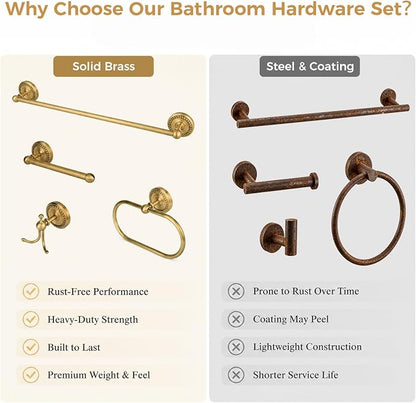 Antique Brass Bathroom Hardware Set, 4 Pieces Vintage Brass Bathroom Kit Accessories Sets Includes 24-inch Towel Bar, Towel Ring, Robe Hook & Toilet Paper Holder, Wall Mounted