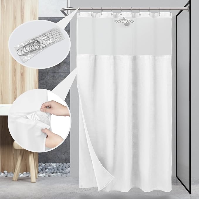 N&Y HOME 60 x 72 Waffle Weave Shower Curtain with Snap-in Liner Set White | 12 Metal Hooks Included, Snap on/off Fabric Liner, Hotel Style & Mesh Top Window, Machine Washable, 60x72 Shower Stall Size