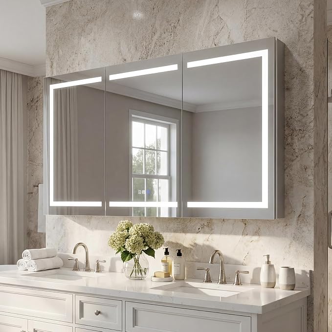 60"x36" Smart LED Medicine Cabinet with Mirror - Triple Door Bathroom Storage, Anti-Fog Technology, 3-Color Stepless Dimming, 5X Magnifier, Night Light, Soft-Close Hinges