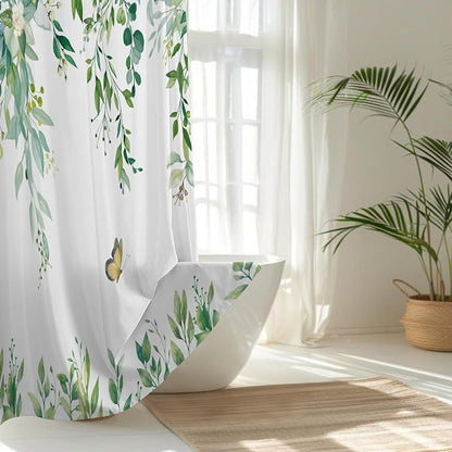 No Hook Shower Curtain and Liner Set, Light Green Eucalyptus 71x84 | Floral Design, with Snap in Liner, See-Through Top Window, Waterproof, Machine Washable, Quick-Drying, for Hotel Bathroom
