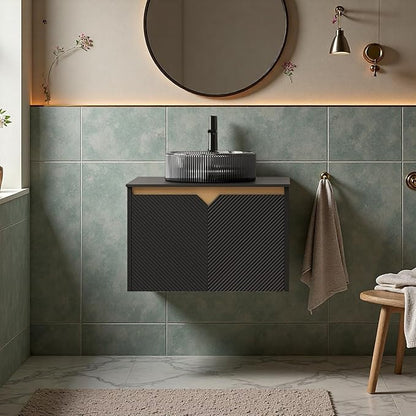 24" Bathroom Vanity with Sink, Wall-Mounted Bathroom Vanity with Transparent Black Round Glass Basin, Modern Plywood Floating Vanity with Twill Double Doors, Bathroom Storage Cabinet, Black