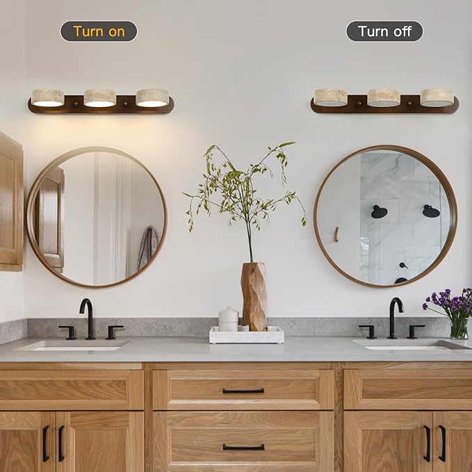 Wood Farmhouse Bathroom Vanity Light,Natural Stone Travertines Walnut Wall Lamp 3 Lights Travertine Shade Wabi Sabi Lamp, Linear Bathroom Vanity Lighting Rotatable 30W LED Wall Fixture Over Mirror