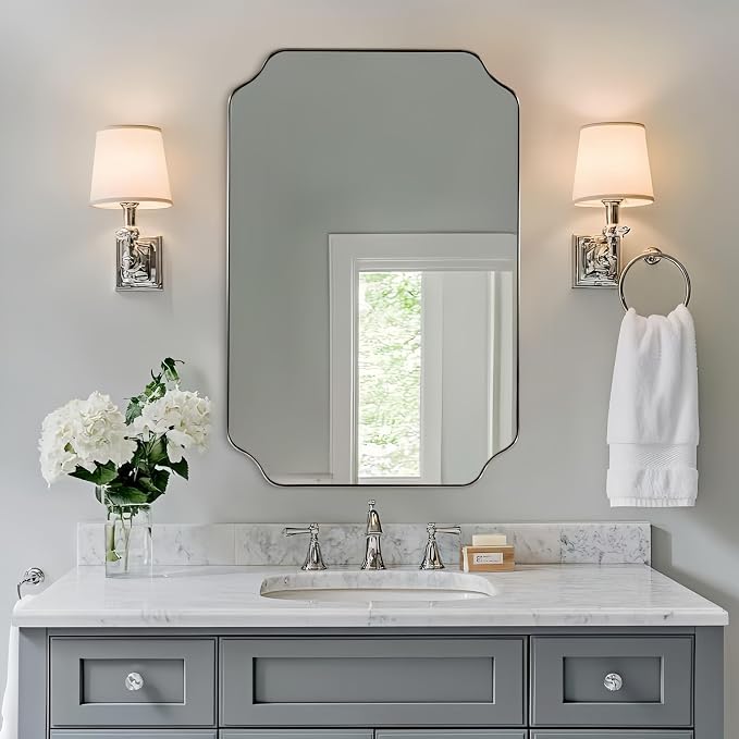 Brushed Nickel Scalloped Bathroom Mirror, 26"x38" Vanity Mirror | Rust-Proof Stainless Steel 1" Frame, Anti-Corrosion HD Glass, Unique Notched Corners, Modern Bathroom Upgrade Pick