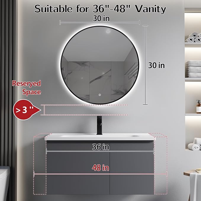 Niccy Round LED Bathroom Mirrors, Black Framed Backlit Vanity Mirror, 30" | LED Smart Circle Mirror with 3 Color Lighting, Anti-Fog Lighted, IP65 Waterproof, Wall Mounted Bathroom Vanity