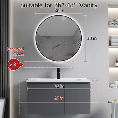 Niccy Round LED Bathroom Mirrors, Black Framed Backlit Vanity Mirror, 30" | LED Smart Circle Mirror with 3 Color Lighting, Anti-Fog Lighted, IP65 Waterproof, Wall Mounted Bathroom Vanity