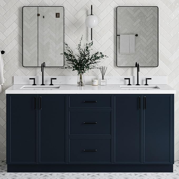ARIEL Kelly 72-inch Bathroom Vanity with Sink,Solid Wood, 1.5-inch Carrara White Quartz Countertop, Double Rectangular Porcelain Sink, 4 Soft Closing Doors, 5 Dovetail Drawers, Midnight Blue