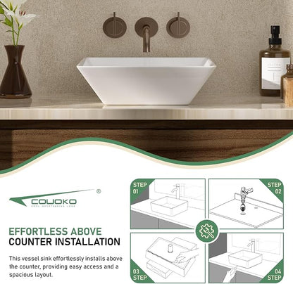 16x16 Inch White Rectangle Vessel Bathroom Sink | Ceramic, Above Counter, Rectangular Shape, Easy to Clean, Recommended Installation, Ideal for Bathroom, Lavatory, Vanity