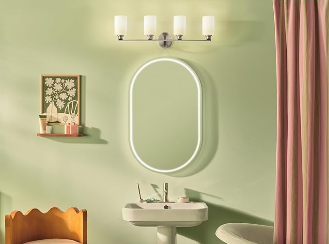 Kichler Gioe 32.25" 4-Light Vanity Light with Opal Glass in Brushed Nickel, Damp Rated, for Bathroom, Powder Room, Over a Mirror, (32.25" W x 10.5" H), 55227NI