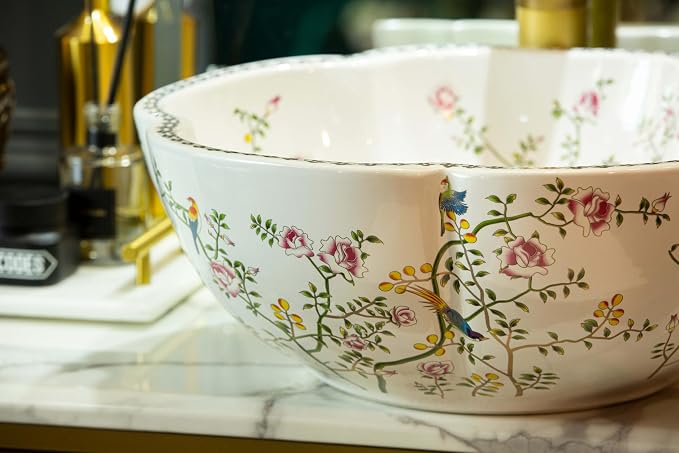 White Bathroom Vessel Sink for Vanity Top Sinks with Flower Bird Pattern|1 Aboe Counter Sink Only,H15cmxD41.5cmxBottom D.22cm
