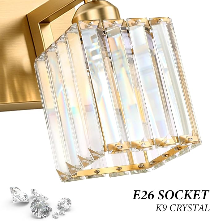 Gold Crystal Bathroom Vanity Light, 3-Light Modern Bathroom Lighting Fixtures Over Mirror,Chrome Wall Sconce Light Fixtures with Square Shade