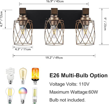 3-Light Black Gold Farmhouse Vanity Light, Wood & Metal Cage Shade | Mounted Over Mirror, Industrial Rustic Style, Ideal for Bathroom, Bedroom, Hallway & Living Room, Easy To Install