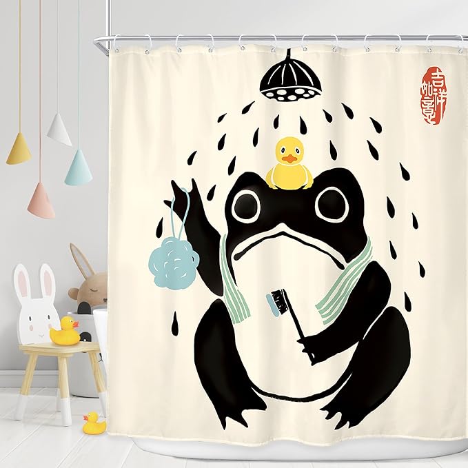 LGhtyro Funny Frog Shower Curtain Bathroom Set 71Wx71H Inches Asian Traditional Japanese Art Cute Animal Bath Style Rubber Duck Bath Accessories Retro Black Beige Art Home Decor Fabric 12 Pack Hooks