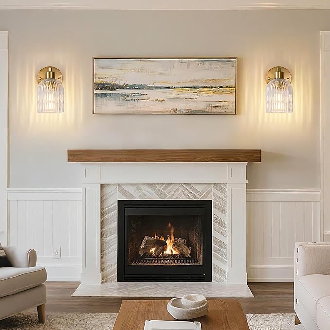 Gold Modern Wall Sconce Set of 2 Glass Bathroom Vanity Lighting Fixture Sconces Wall Lighting Brushed Indoor Wall Mounted Lamp for Living Room Bedroom Bathroom