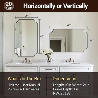 Brushed Bronze Mirror, 24"x40" Bathroom Vanity Mirror, Scalloped Rectangle Mirror with Rust-Proof Stainless Steel 1" Frame, Hangs Vertically or Horizontally