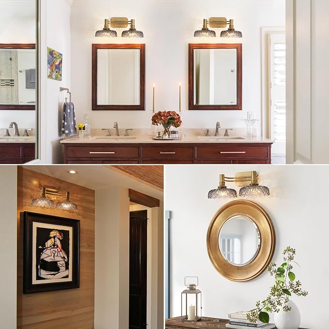 2 Light Bathroom Vanity Lights Grey Glass Lampshade Wall Sconces Vintage Vanity Lighting Fixtures for Kitchen Dining Room Bedroom Hallway