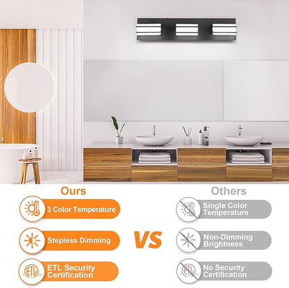 3 Color Temperature Dimmable Bathroom Light Fixtures over Mirror LED Black Vanity Acrylic Stainless Steel Square Shade Lights for Bathroom, ETL Certificated, VL5518