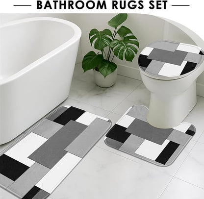 Bathroom Sets with Shower Curtain and Rugs, 4 Pcs, Checkered | Geometric Abstract Modern Bathroom Decor Set with Toilet Lid Cover, Non-Slip Bath Mats and Accessories 12 Hooks