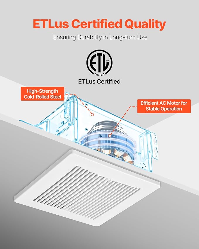 VEVOR Bathroom Exhaust Fan, 80 CFM Bathroom Vent, Low-Noise, Premium Motor Ceiling Fan, Standard 4-inch Duct Interface for Laundry Room, Storage Room, Home Ventilation, White