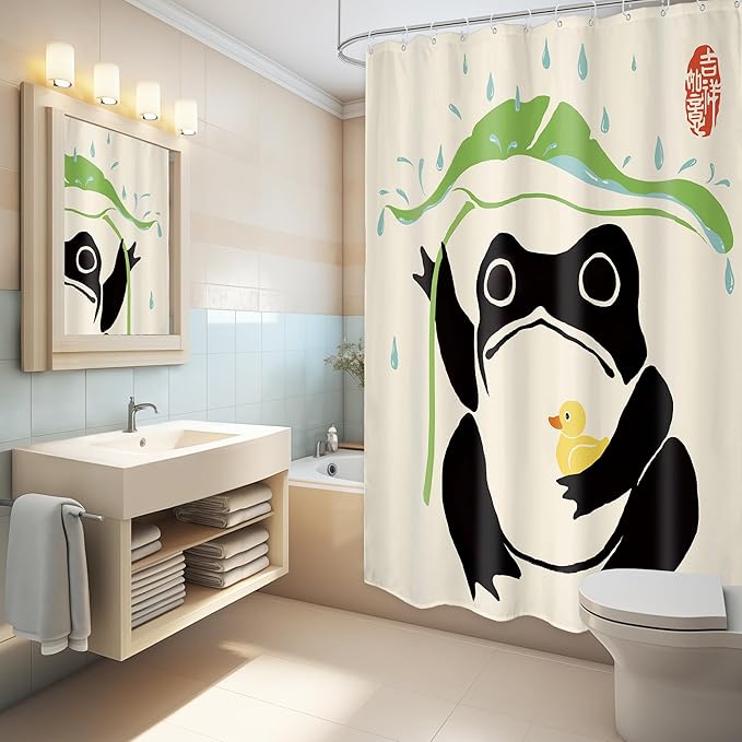 LGhtyro Funny Frog Shower Curtain Bathroom Set 54Wx78H Inches Cute Duck Asian Traditional Japanese Style Taking Lotus Animal Leaf Rain Bath Accessories Frog Art Home Decor Fabric 12 Pack Hooks