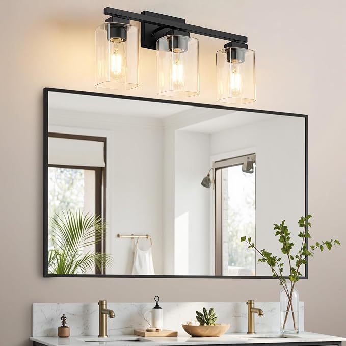 19” Bathroom Light Fixtures Over Mirror,3-Light Black Vanity Light | Square Clear Glass & Durable Metal, Quick & Easy Installation, Standard E26 Socket, Bright Bathroom Lighting