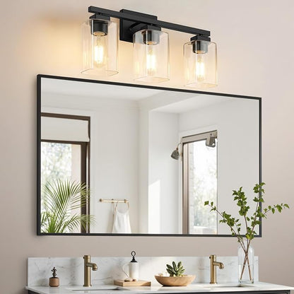 19” Bathroom Light Fixtures Over Mirror,3-Light Black Vanity Light | Square Clear Glass & Durable Metal, Quick & Easy Installation, Standard E26 Socket, Bright Bathroom Lighting