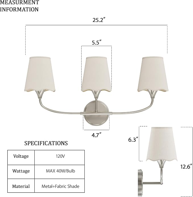 Morauroral Bathroom Light Fixtures Over Mirror, 3 Light Vanity Light for Bathroom, Brushed Nickel Vanity Light Fixtures with Fabric Linen Shade, E26 Socket Sconce Wall Decor(ETL Listed)