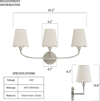 Morauroral Bathroom Light Fixtures Over Mirror, 3 Light Vanity Light for Bathroom, Brushed Nickel Vanity Light Fixtures with Fabric Linen Shade, E26 Socket Sconce Wall Decor(ETL Listed)