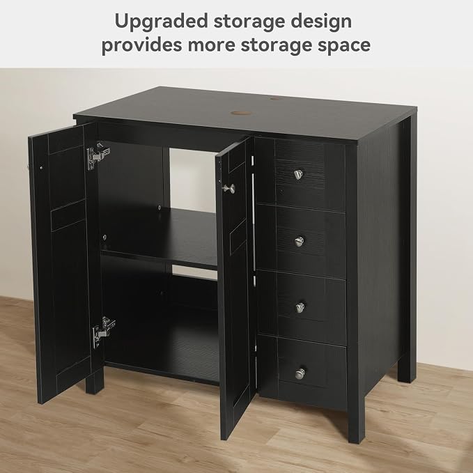 32'' Bathroom Vanity with Sink, Modern Bathroom Cabinet, Black | 2 Soft-Close Cabinet Doors, 4 Drawers, 2-Tier Inner Shelf, Freestanding Large Storage Cabinet, Black Ceramic Boat Sink