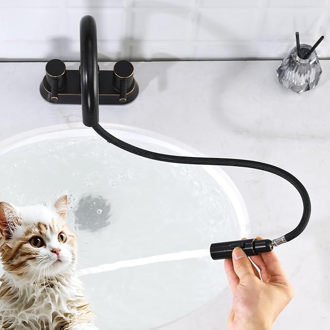 Oil Rubbed Bronze Bathroom Faucet with Pull Out Sprayer, Dual-Function Spout Bronze Bathroom Sink Faucets, 4 Inch Two Handle Utility Sink Faucet with Sprayer 3 Hole, Easy Pet Shower, RVs