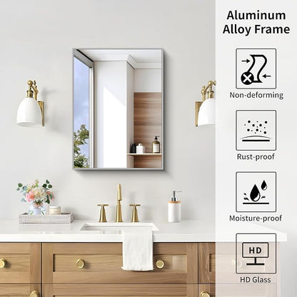 KOCUUY Silver Framed Mirror, 24"x18" Rectangle Bathroom Mirror for Wall, HD Tempered Glass, Anti-Rust Frame, Modern Design for Bathroom, Bedroom, Living Room, Entryway
