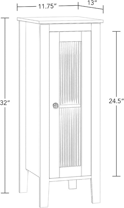 RiverRidge Prescott Slim Bathroom Linen Storage Cabinet, White | Versatile Narrow Organizer with Reeded Glass Door, Adjustable Shelves, Soft-Close Hinges