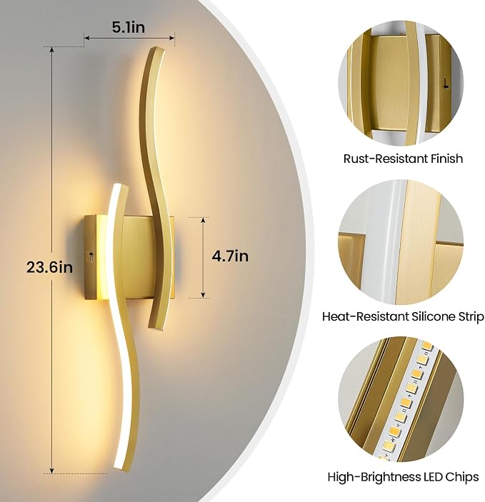 Gold LED Bathroom Vanity Lights: 23.6 Inch 16W Bathroom Lighting Fixtures Over Mirror 5CCT Dimmable 2700-5000K Vanity Lights Modern Bath Sconces Wall Light for Mirror Cabinets Bedroom Living Room
