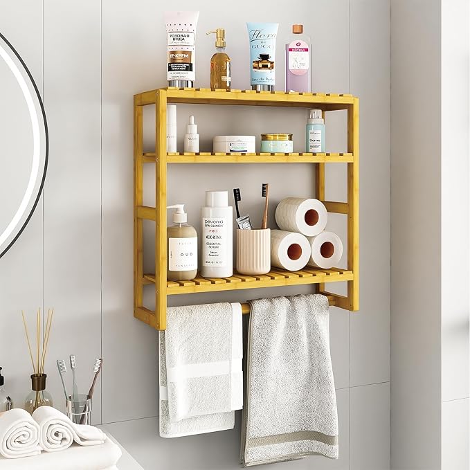 Galood Over The Toilet Storage Bathroom Shelves Wall Mounted 3 Tier Yellow | Space Saver Corner Shelf Organizer Bamboo Towel Rack Toilet Paper Cabinet with Hanging Rod