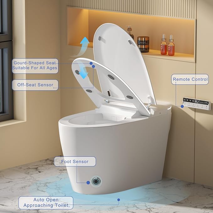Luxury Smart Toilet with Foam Shield Auto-Open/Close Lid | Heated Seat for Bathrooms, Multiple Cleaning Modes,Aromatic Spray,Air Purification,Foot Sensor