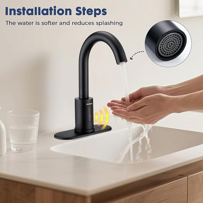 Touchless Bathroom Faucets for 1 or 3 Hole, Tall Body Automatic Bathroom Sink Faucets with Deck Plate,Motion Sensor Commercial Faucets for Bathroom&Kitchen,360° Swivel Spout,Black